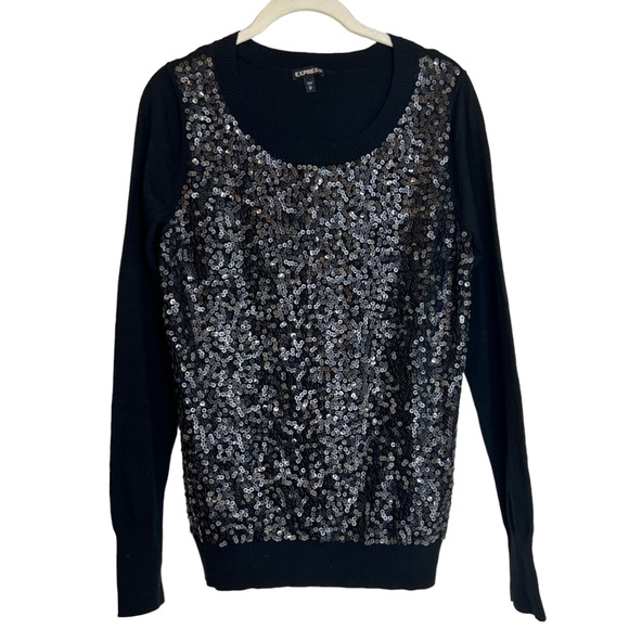 Express Womens Lightweight Sweater Medium Black Sequined Front - Picture 1 of 5